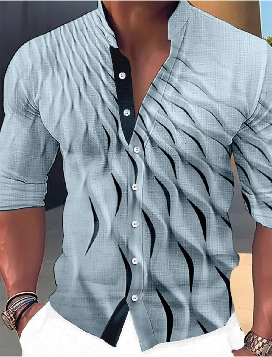 SHOWLU Men's geometric print casual long sleeve shirt with standing neck, suitable for outdoor and street fashion.
