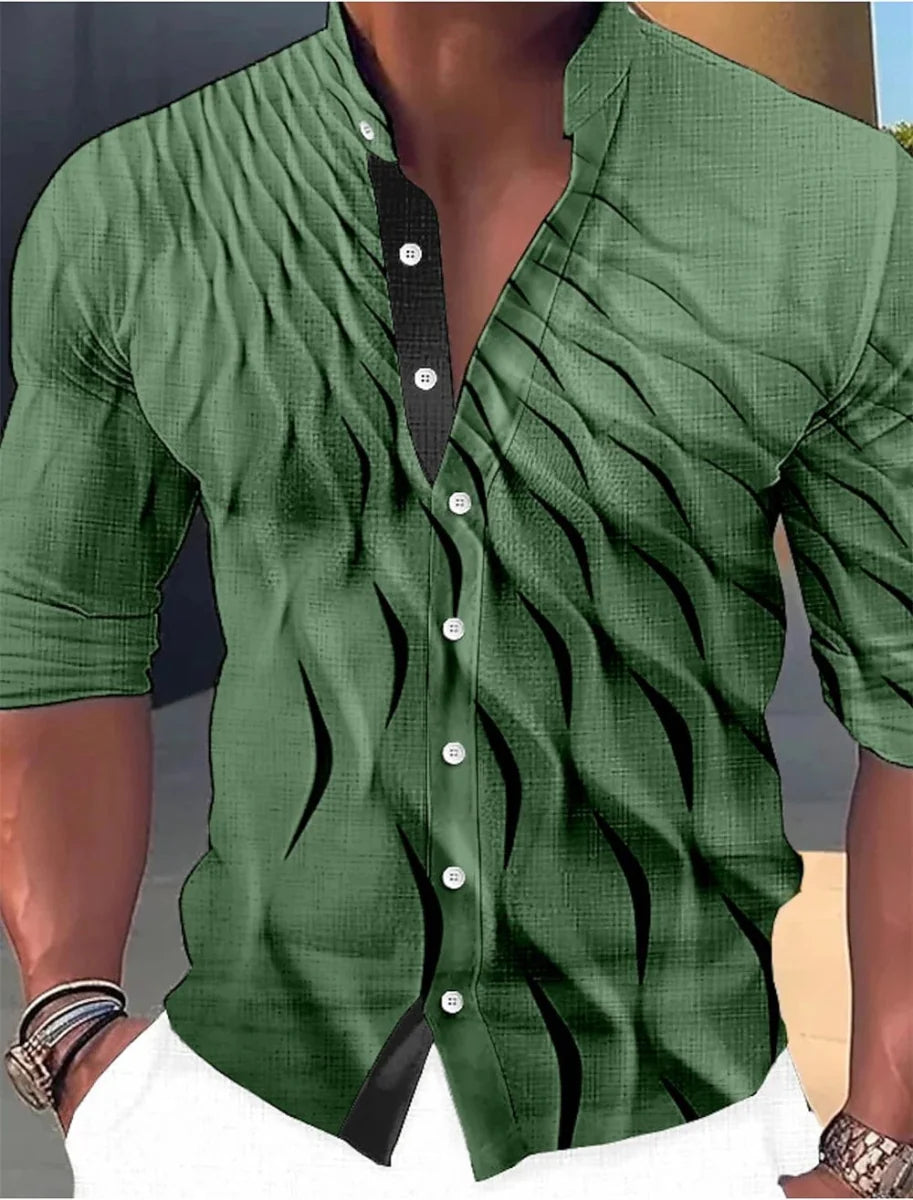 SHOWLU Men's geometric print casual long sleeve shirt with standing neck, stylish outdoor and street fashion design.