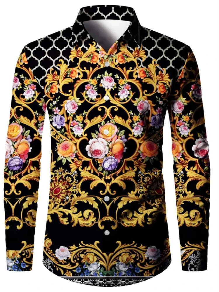 Men's ethnic print casual shirt by SHOWLU FASHION, retro long sleeve button-down shirt with a classic lapel design.