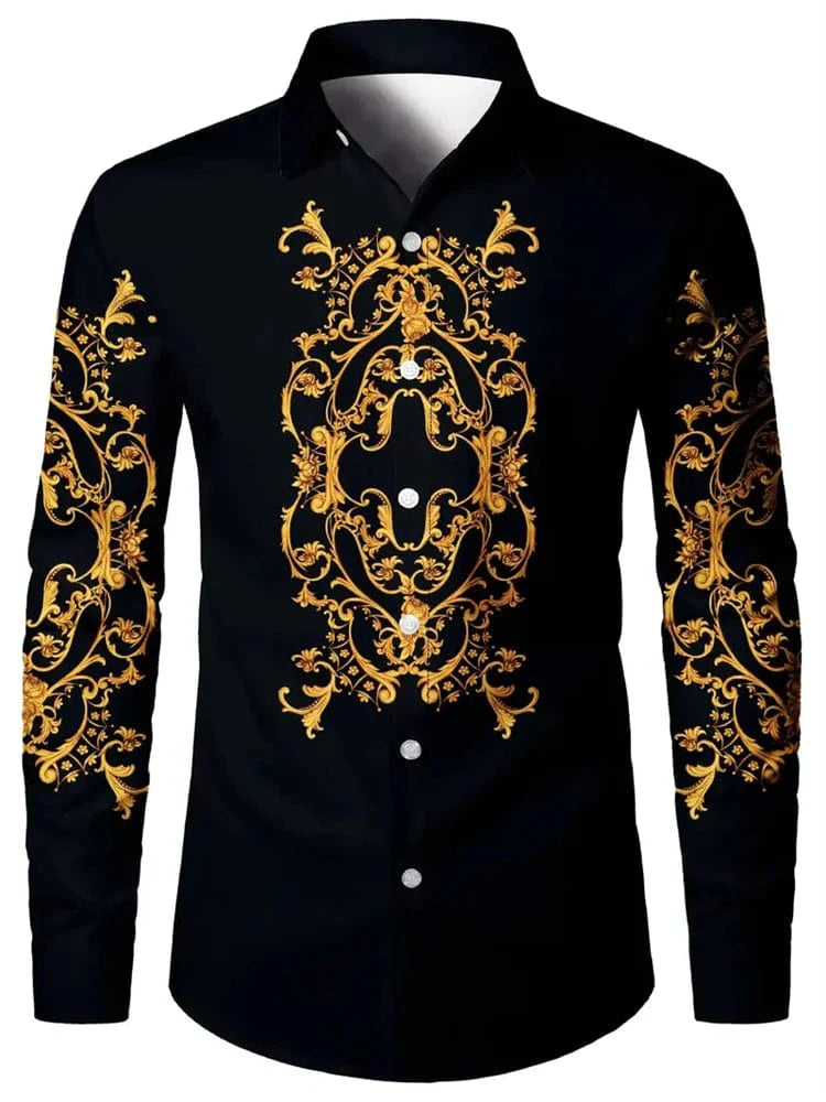 Men's ethnic print casual shirt by SHOWLU FASHION STORE, retro long sleeve button-down shirt with classic lapel for all seasons.