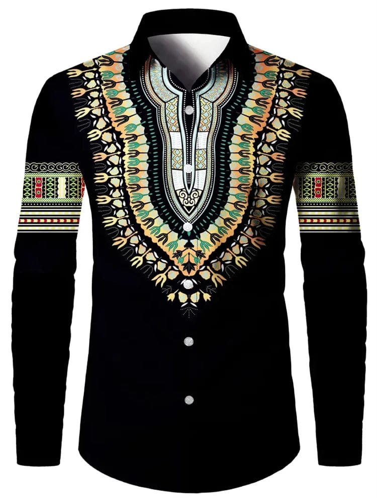 Men's ethnic print casual shirt by SHOWLU FASHION, featuring retro long sleeves and button-down style for versatile everyday wear.