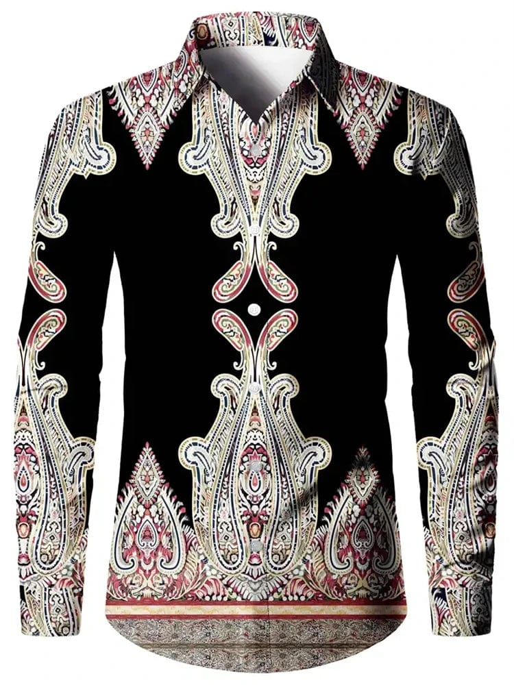 Men's ethnic print casual shirt by SHOWLU FASHION with long sleeves, button-down front, retro style, suitable for four seasons.