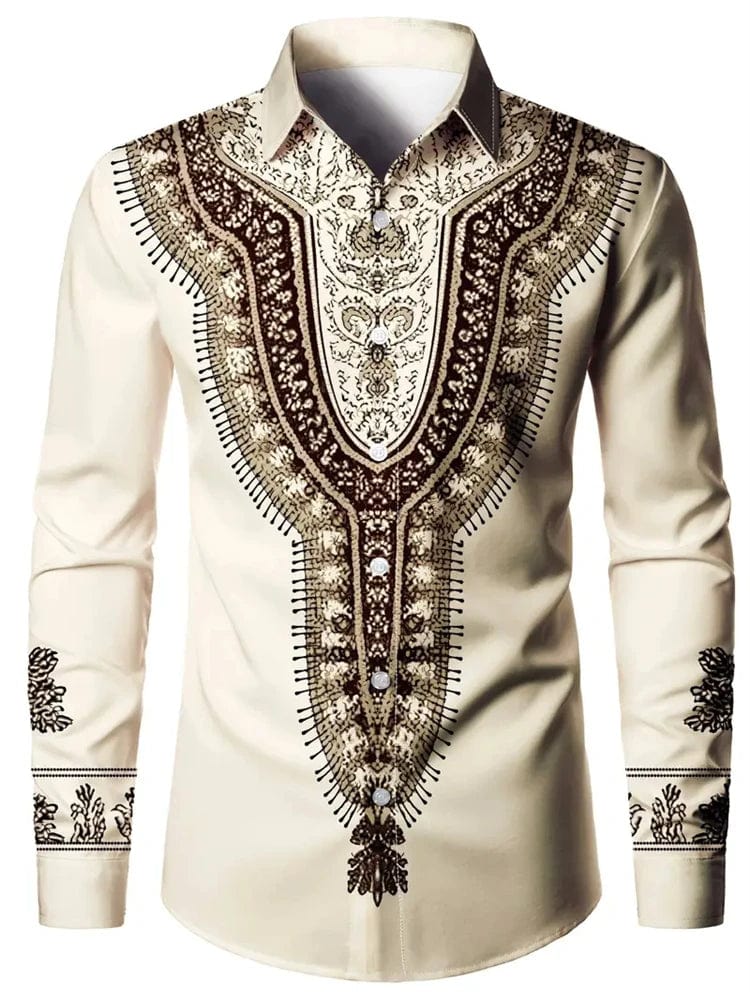 Men's ethnic print casual shirt with long sleeves, button-down closure, in retro style, perfect for everyday wear.