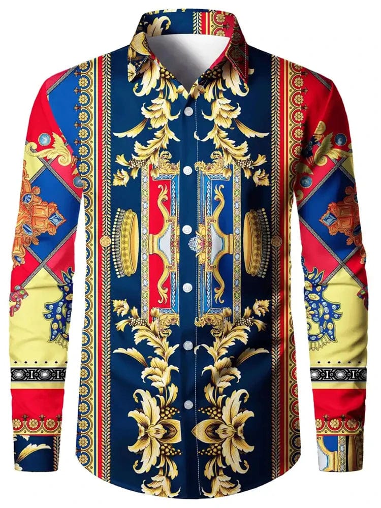 Men's ethnic print casual shirt by SHOWLU FASHION STORE, retro long sleeve button-down shirt for four seasons, stylish party wear.