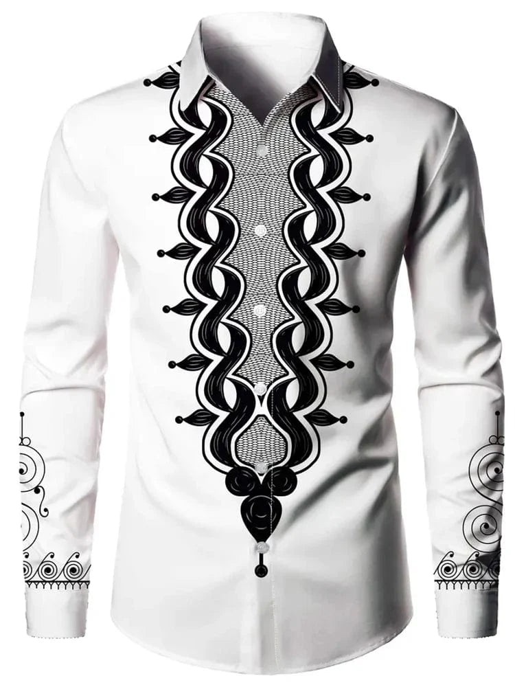 Men's ethnic print casual shirt by SHOWLU FASHION STORE, retro long sleeve button-down shirt with a classic lapel design.