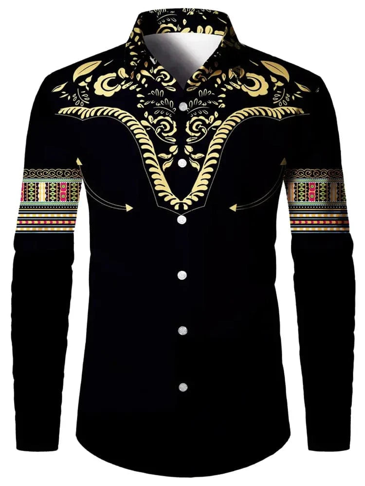 Men's ethnic print casual shirt by SHOWLU FASHION STORE, retro long sleeve button-down shirt with a classic, stylish design.