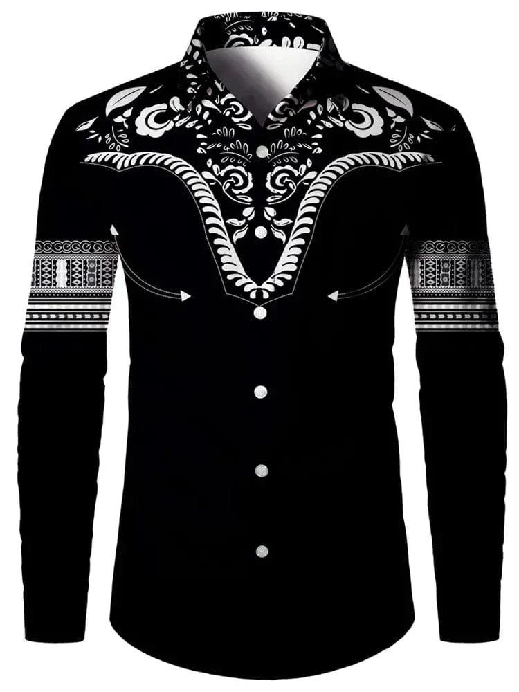 Men's ethnic print casual shirt by SHOWLU FASHION STORE, retro long sleeve button-down shirt with a classic design for all seasons.