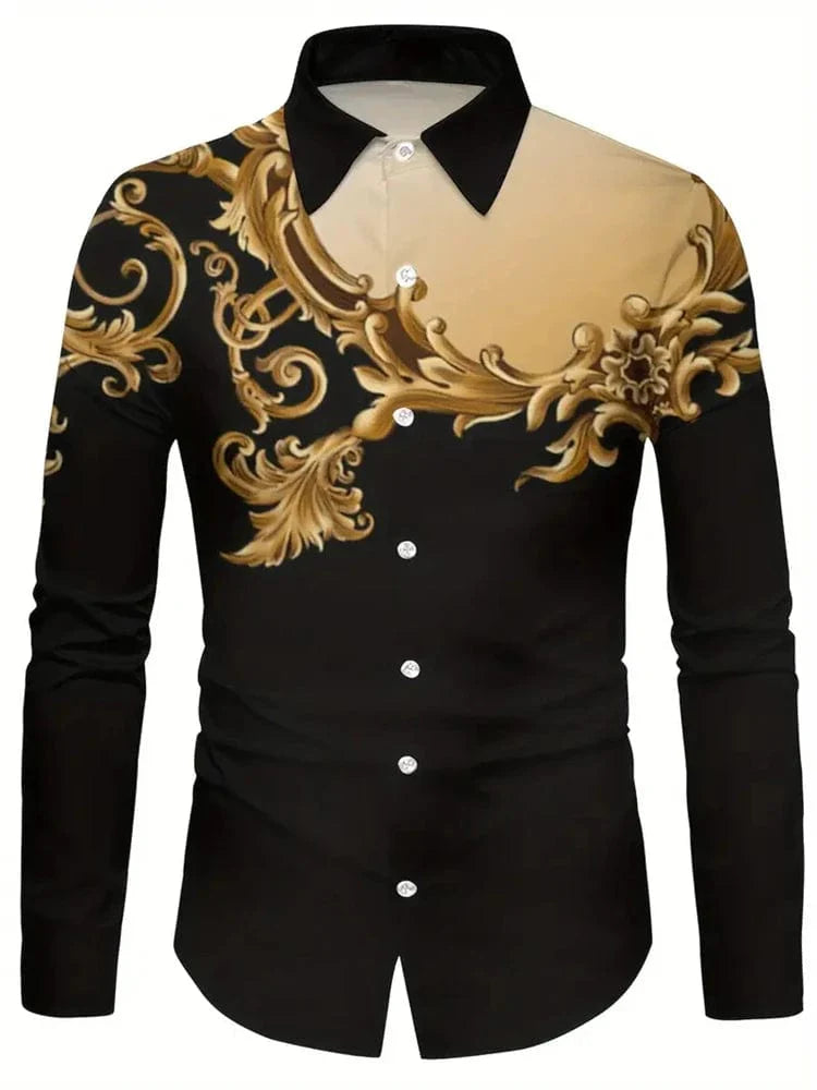 Men's ethnic print casual shirt by SHOWLU FASHION, long sleeve button-down with retro style, suitable for four seasons and casual occasions.