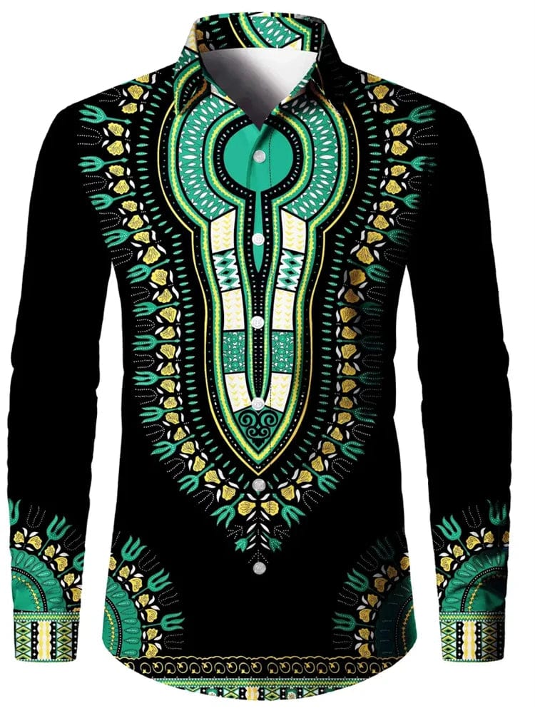 Men's ethnic print casual shirt by SHOWLU FASHION with retro long sleeves and button-down design, ideal for casual or party wear.