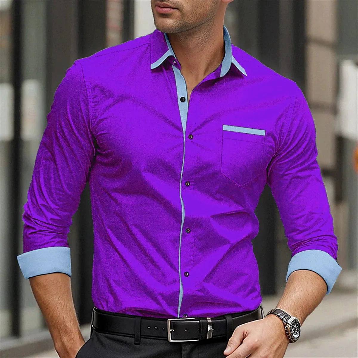 Showlu men's long sleeve casual shirt with solid color splicing design, printed collar, suitable for business and streetwear style.