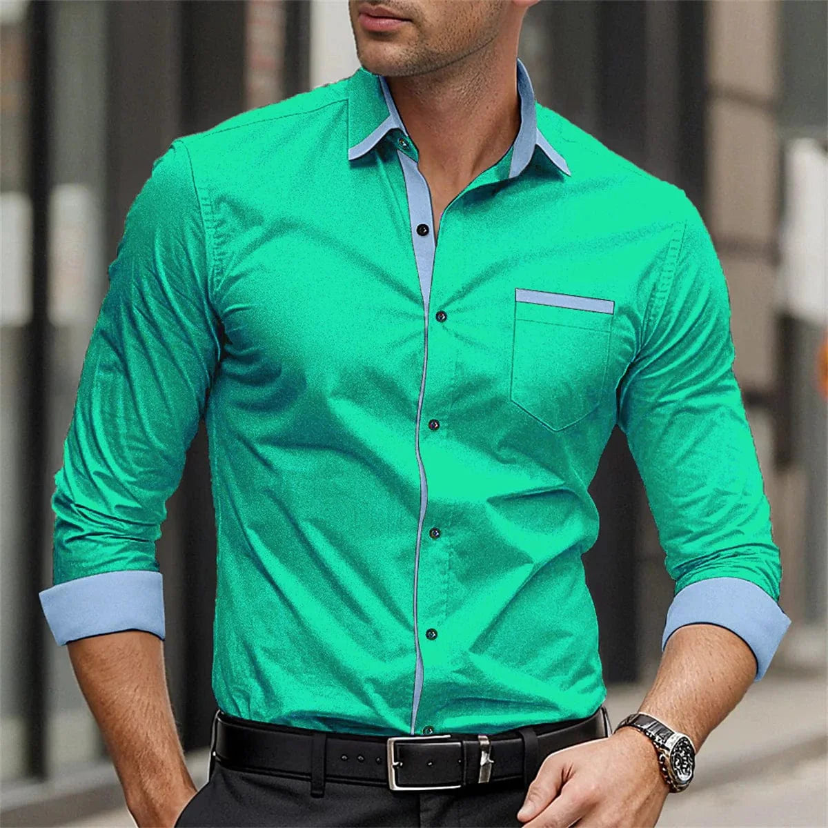 Showlu men's long sleeve casual shirt with solid color splicing design, printed collar, suitable for business or streetwear.