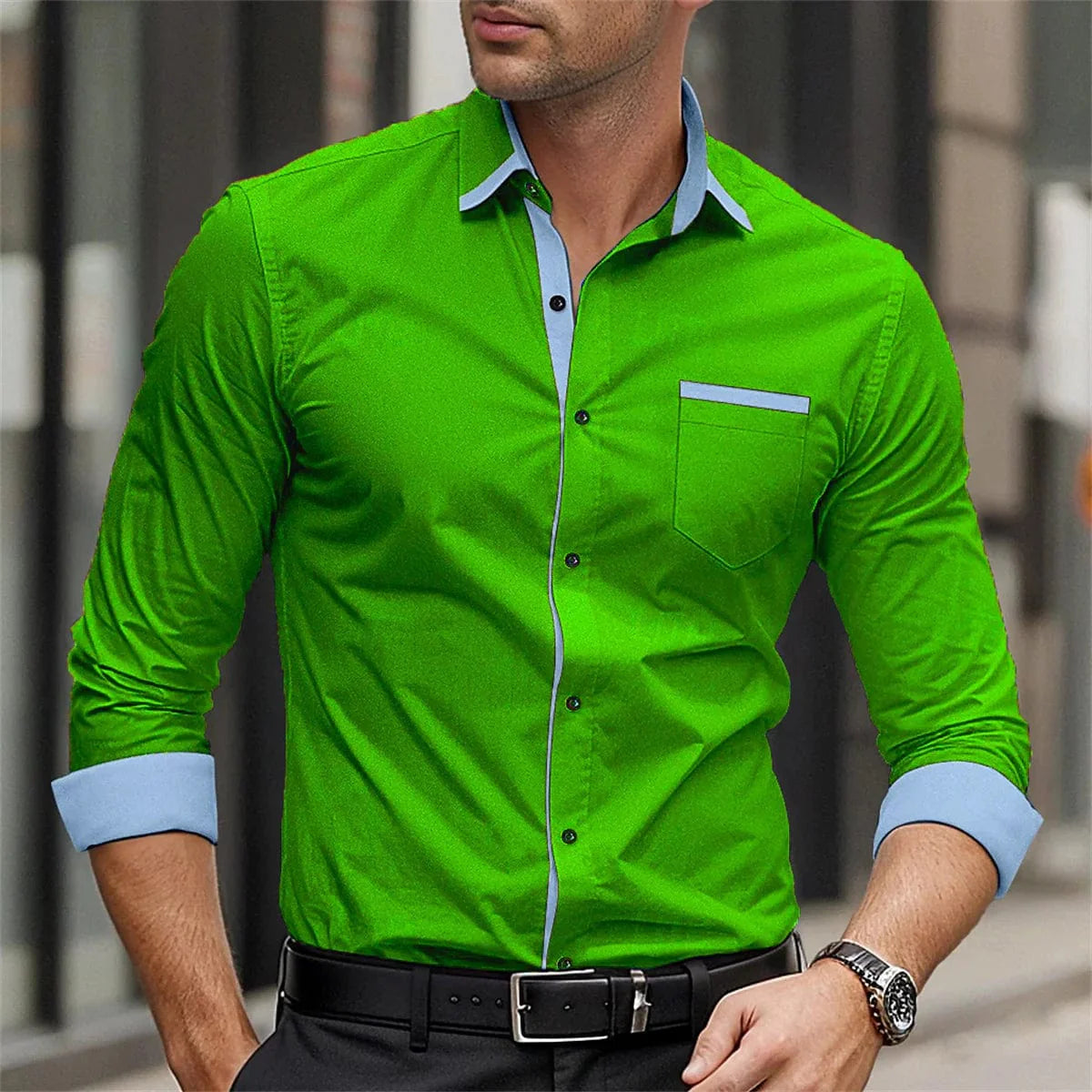 Showlu men's long sleeve smart casual shirt with solid color splicing, printed collar, suitable for business or streetwear style.