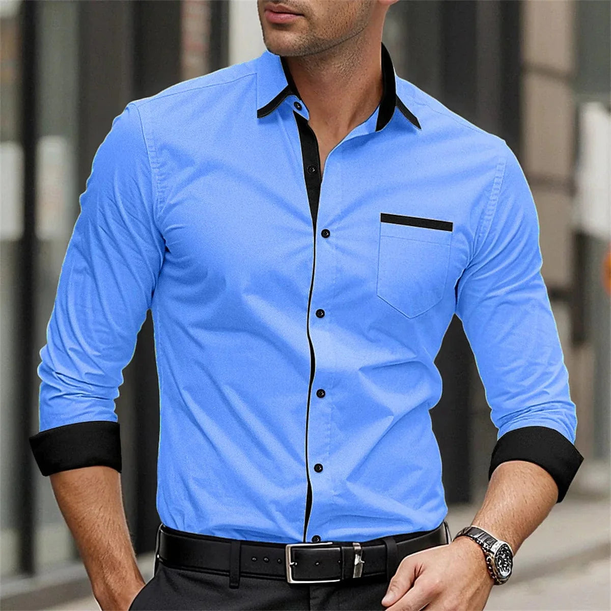 Showlu men's long sleeve smart casual shirt with solid color splicing and printed collar, suitable for business and street fashion.