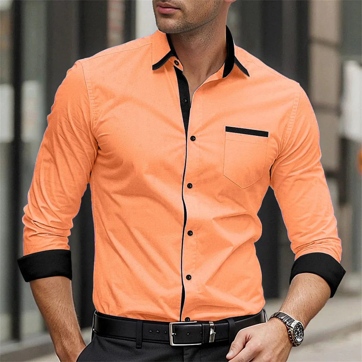 Showlu men's long sleeve casual shirt with solid color and splicing design, featuring a printed collar, suitable for business or street wear.