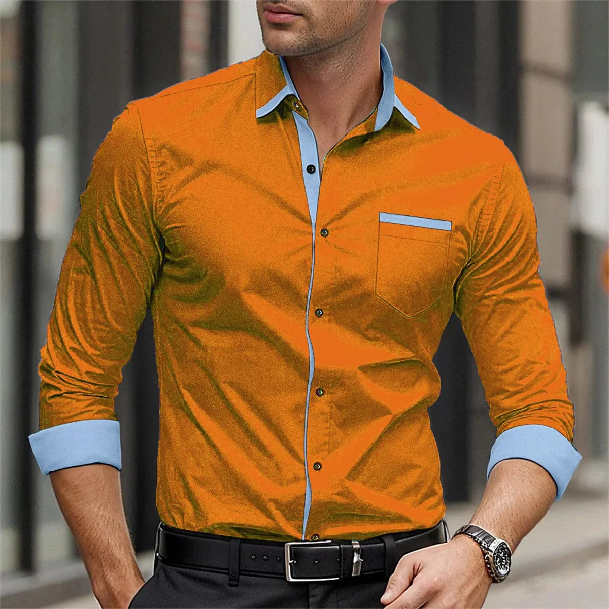Showlu men's long sleeve casual shirt with solid color splicing design and printed collar, suitable for business or street fashion.