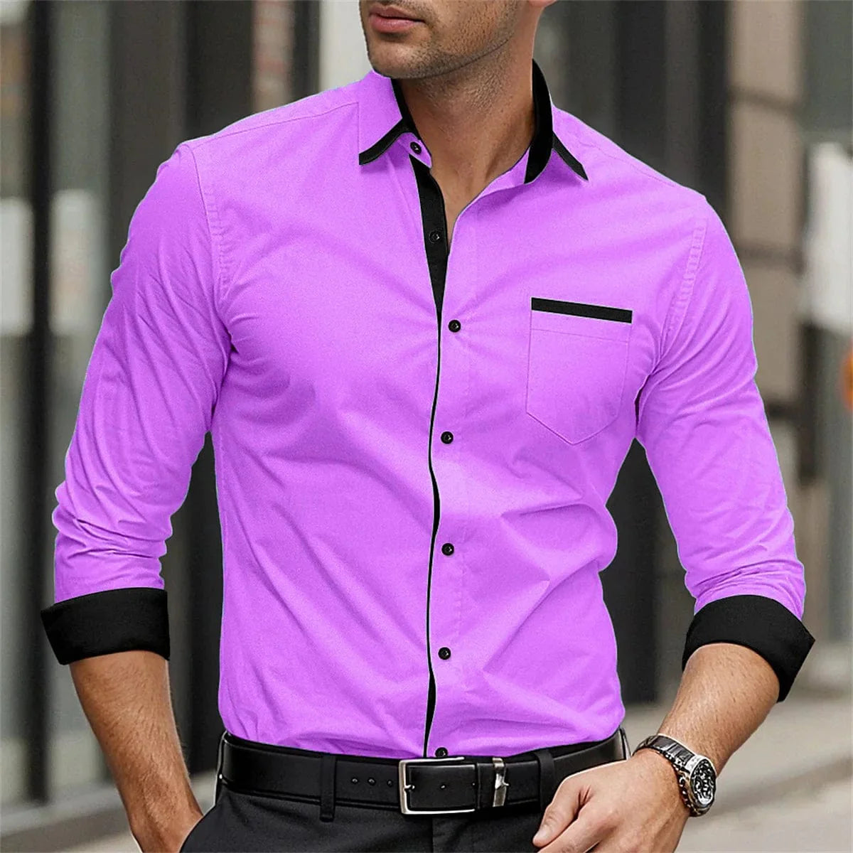 Showlu men's long sleeve smart casual shirt with solid color splicing design, printed collar, suitable for business and streetwear styles.