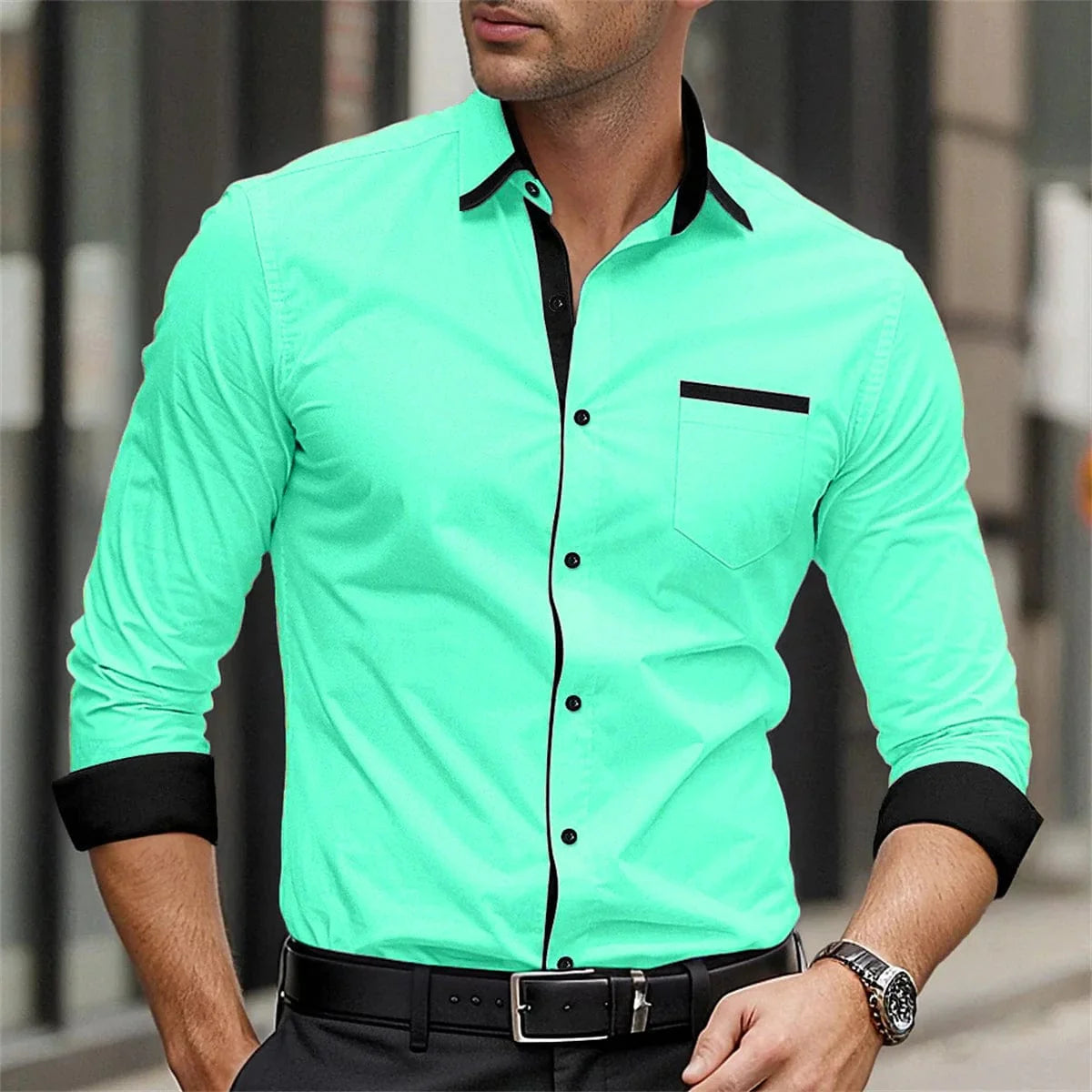 Showlu men's long sleeve casual shirt with solid color splicing design, printed collar, suitable for business and street fashion.