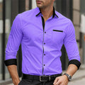Showlu men's long sleeve smart casual shirt with solid color splicing design, printed collar, suitable for business or streetwear.