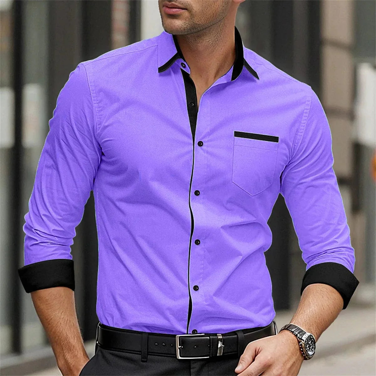 Showlu men's long sleeve smart casual shirt with solid color splicing design, printed collar, suitable for business or streetwear.