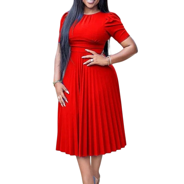 Showlu women's half sleeve pleated office dress in solid color, mid-calf length, suitable for professional wear.