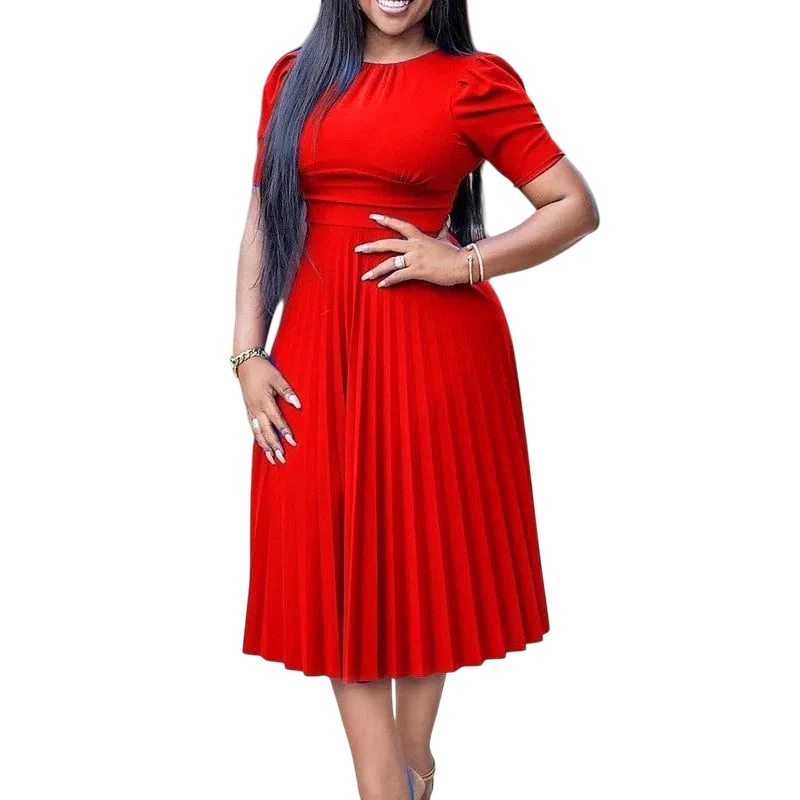 Showlu women's half sleeve pleated office dress in solid color, mid-calf length with a flattering waist and classic O-neck design.