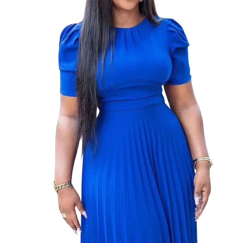 Showlu Women's half sleeve pleated office dress in solid color, mid-calf length, with a waist fit, suitable for professional wear.