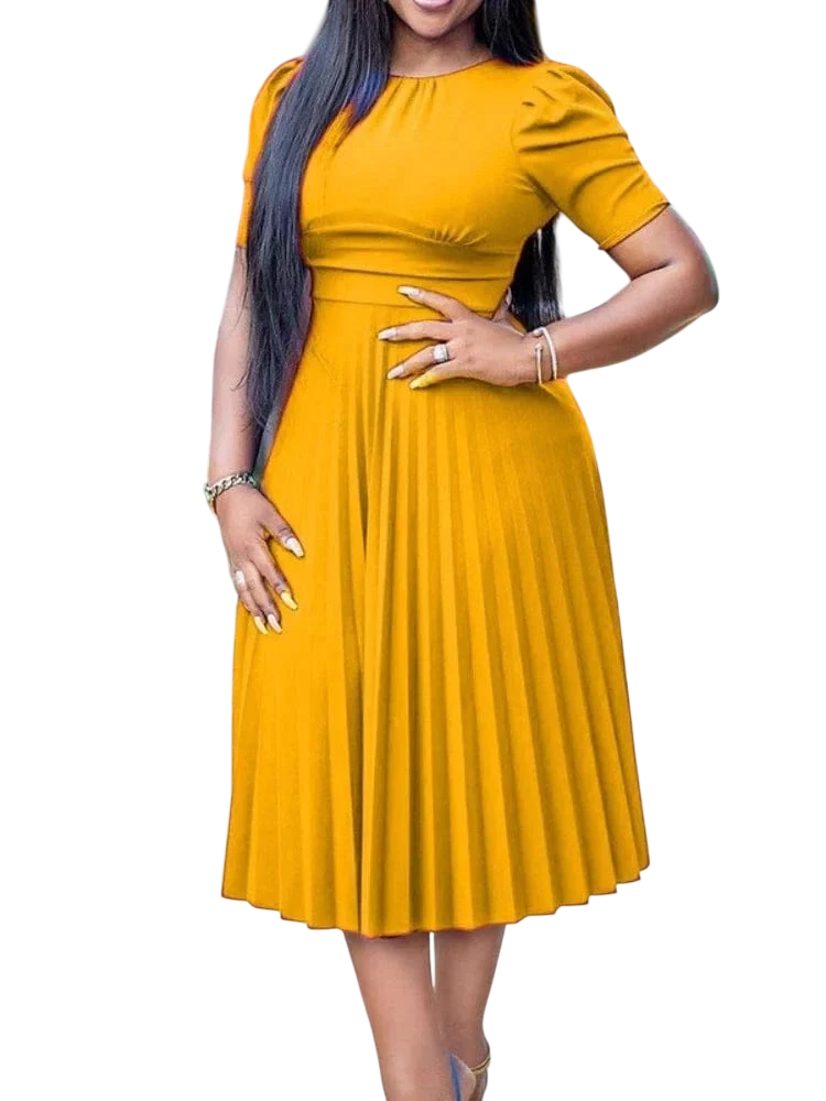 Showlu women's half sleeve pleated office dress in solid color, knee to mid-calf length, suitable for professional wear.