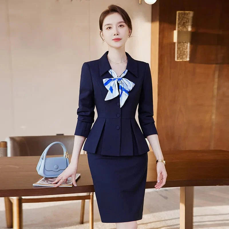 Elegant women's 2-piece skirt suit set by Showlu Fashion with navy blazer and matching skirt for office or professional wear.