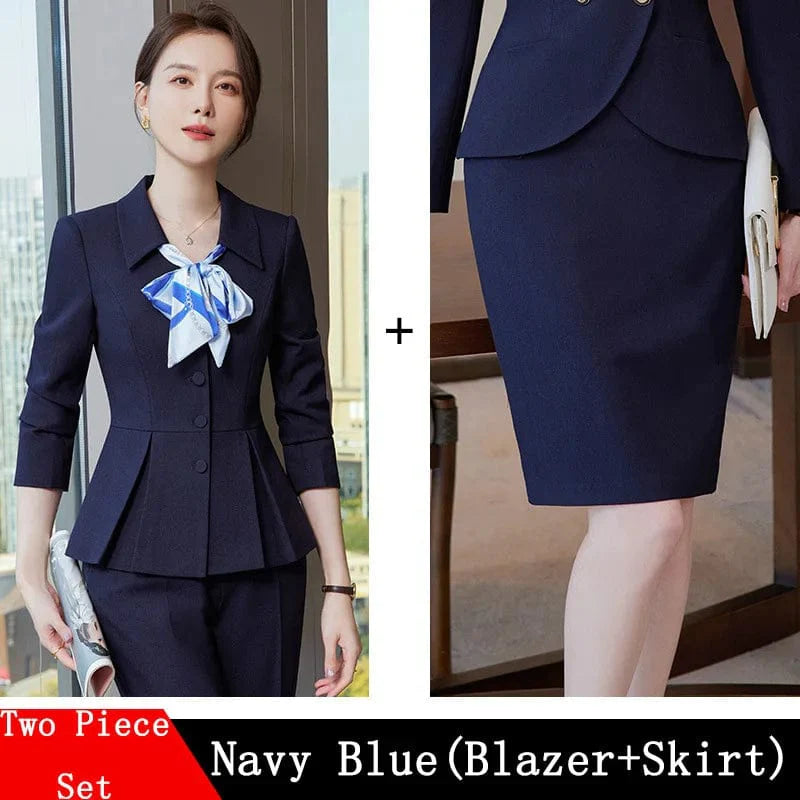 Elegant women's 2-piece skirt suit set by Showlu Fashion, featuring apricot and navy blue blazer with matching skirt and trousers.
