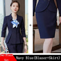 Elegant women's 2-piece skirt suit set by Showlu Fashion, featuring apricot and navy blue blazer with matching skirt and trousers.