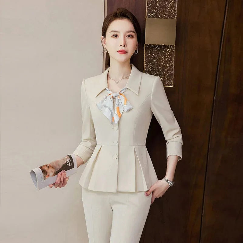 Elegant women's 2-piece skirt suit set with blazer and trousers in navy blue and apricot, perfect for office and business wear.