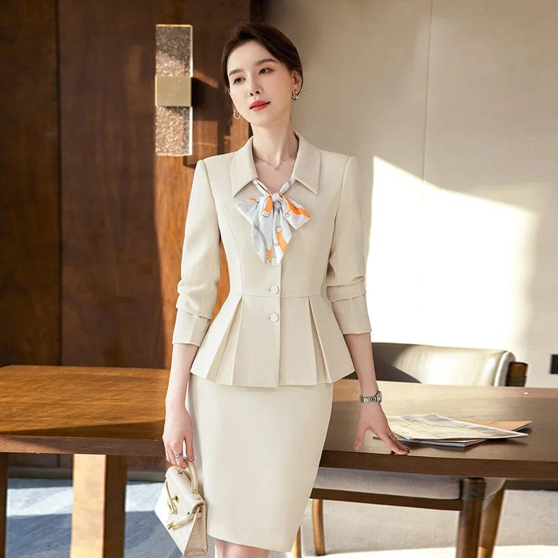 2024 New Spring Female Elegant Women's Skirt Suits Apricot Navy Blue Blazer +Trouser Bussiness Jacket Office Lady 2 Pieces Set - SHOWLU FASHION STORE