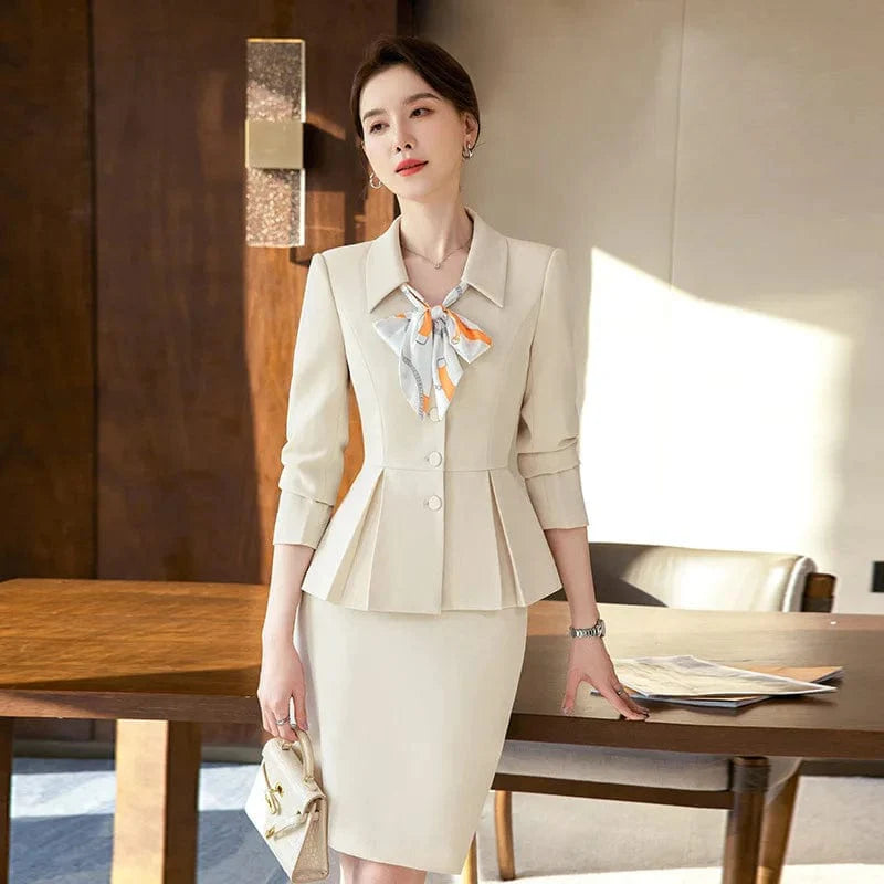 Showlu Fashion Women's 2-Piece Slim Fit Skirt Suit with elegant blazer and trousers in apricot and navy blue for office or business wear