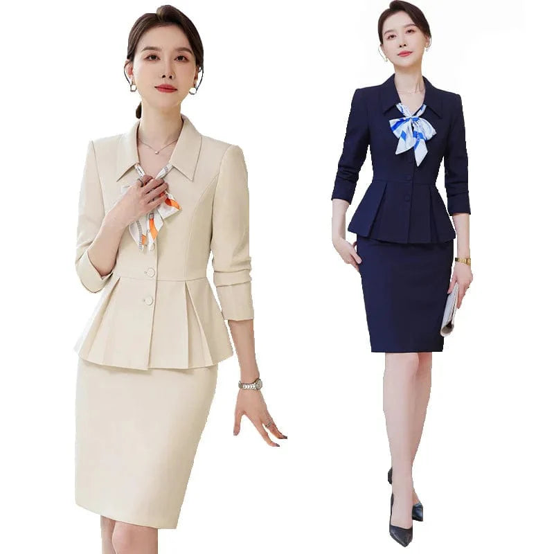 Elegant women's 2-piece skirt suit set by Showlu Fashion, featuring a chic blazer and matching skirt in apricot and navy blue.