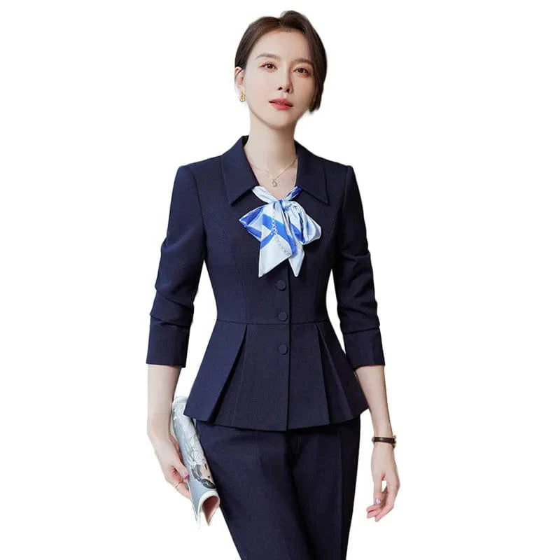 Showlu Fashion Women's 2-Piece Skirt Suit set with elegant blazer and trousers in apricot and navy blue, perfect for office wear.