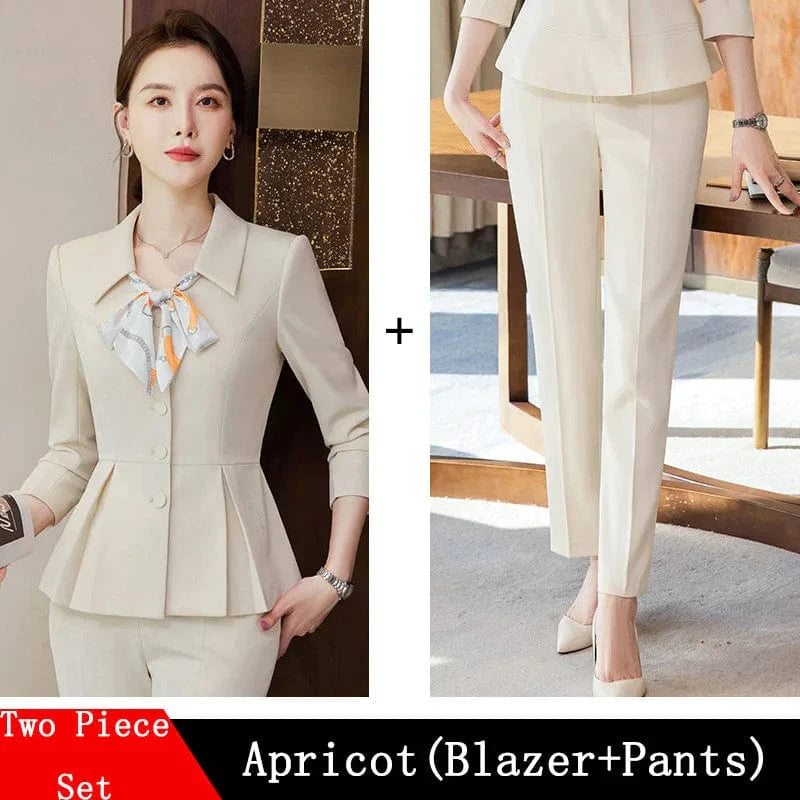Elegant women's 2-piece skirt suit by Showlu Fashion with an apricot blazer and navy blue trousers, perfect for office wear.
