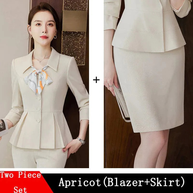 Elegant women's 2-piece skirt suit set with blazer and trousers in apricot and navy blue, perfect for office and business attire.