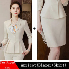 2024 New Spring Female Elegant Women's Skirt Suits Apricot Navy Blue Blazer +Trouser Bussiness Jacket Office Lady 2 Pieces Set - SHOWLU FASHION STORE