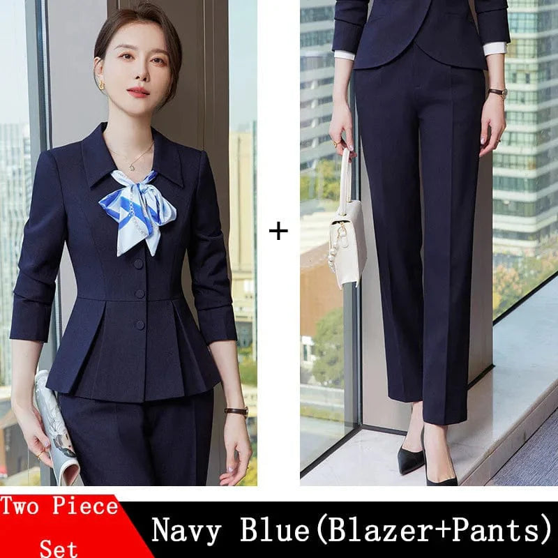 Showlu Fashion Women's 2-piece slim fit skirt suit with blazer and trousers, in apricot and navy blue, perfect for office or business.