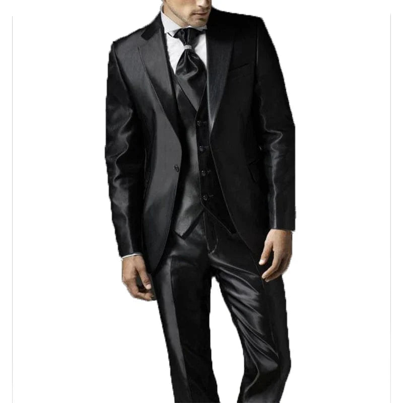 Men's black satin 3-piece wedding suit by Showlu Fashion, includes slim fit tuxedo jacket, pants, and vest for formal occasions.
