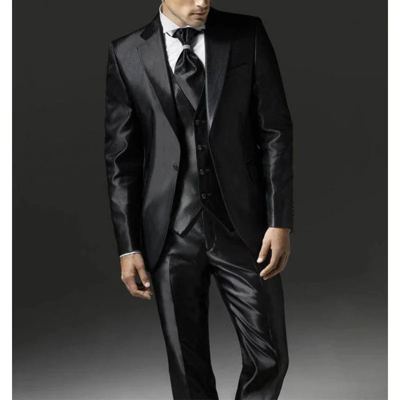 Men's black satin 3-piece wedding suit by Showlu Fashion, slim fit tuxedo with jacket, pants, and vest for formal occasions.