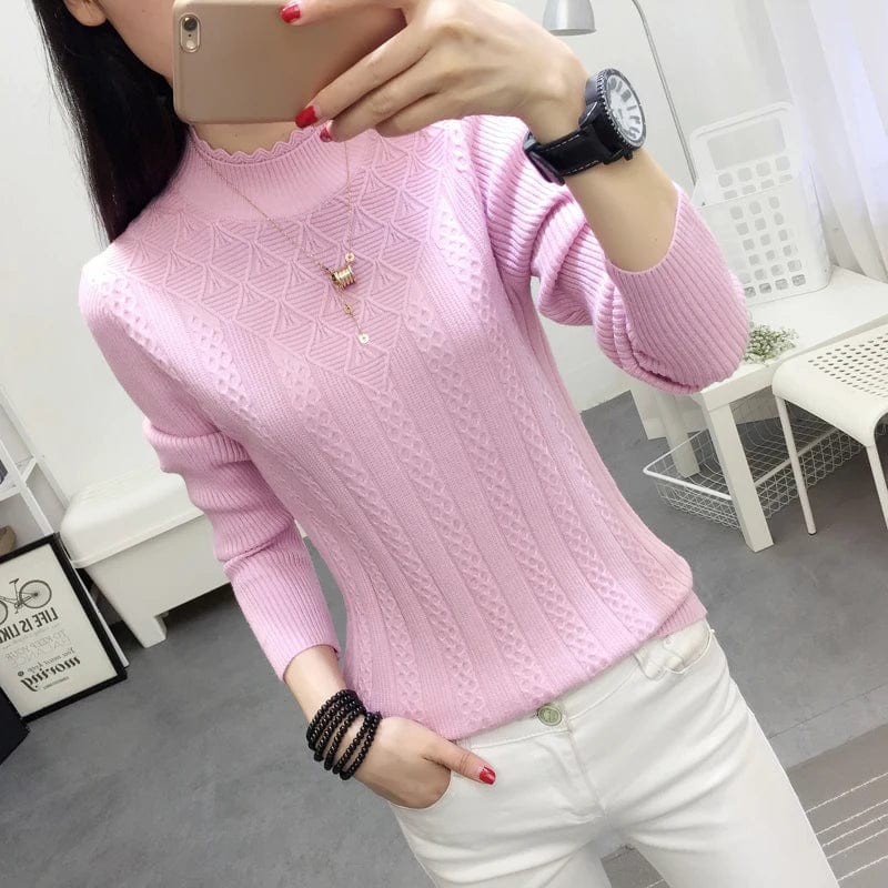 Showlu Fashion Women's cashmere knit sweater with slim fit turtleneck, half-high collar, short style, perfect for autumn and winter.