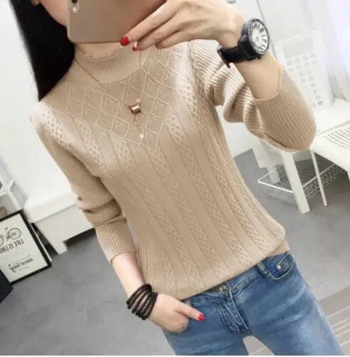 SHOWLU FASHION STORE women's cashmere knit sweater with slim fit turtleneck and half-high collar, perfect for autumn and winter.