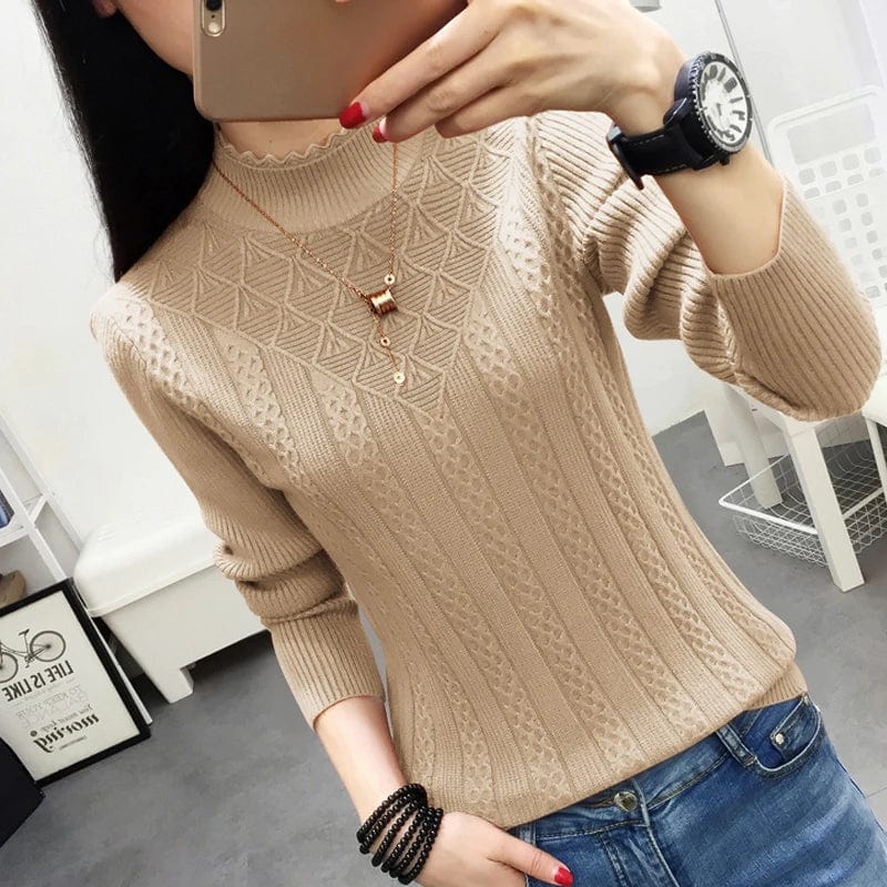 Showlu Fashion Women's cashmere knit sweater with slim fit turtleneck, half-high collar, and short style for autumn and winter.