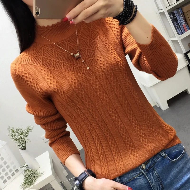 Women's cashmere knit sweater with slim fit turtleneck, high collar, and short style in a cozy autumn and winter design.