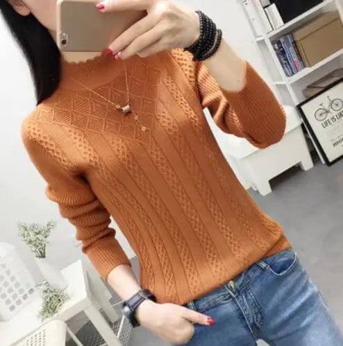 Women's cashmere knit sweater by SHOWLU FASHION STORE, slim fit turtleneck pullover with half-high collar and short style for winter.