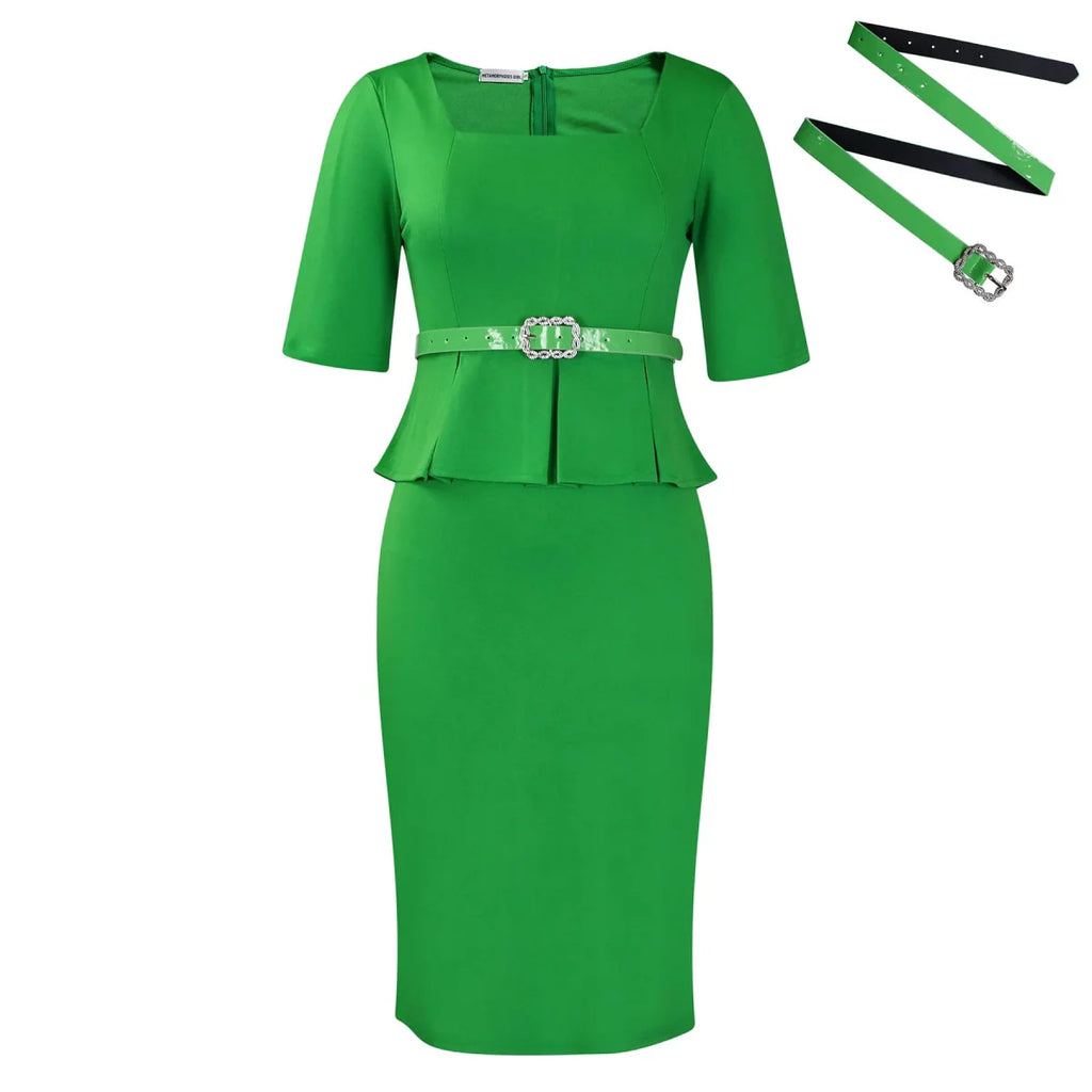 Women's ruffled short-sleeve slim fit knee-length pencil dress by SHOWLU FASHION STORE, featuring a fashionable lapel and waist details.