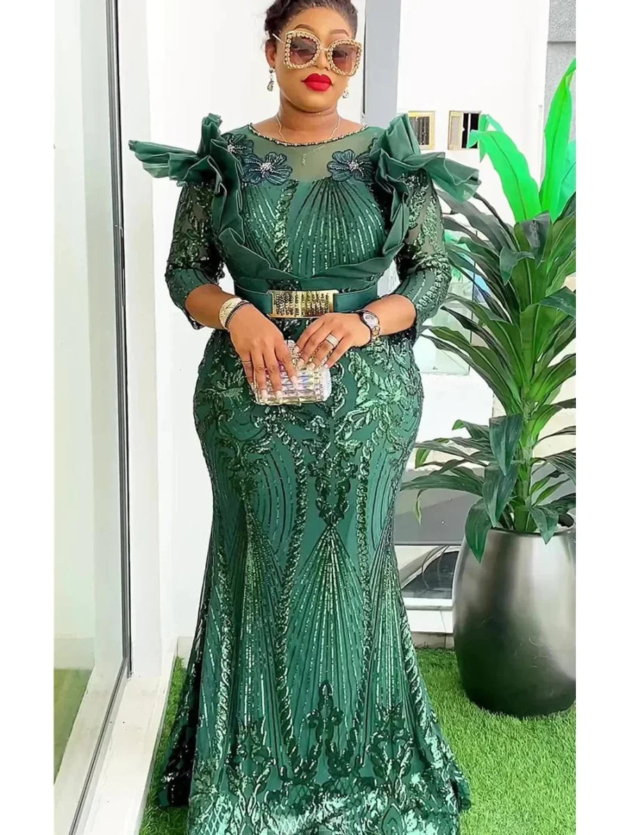 Plus-size African sequin dashiki Ankara maxi dress for women, elegant party gown with vibrant patterns and bodycon fit.