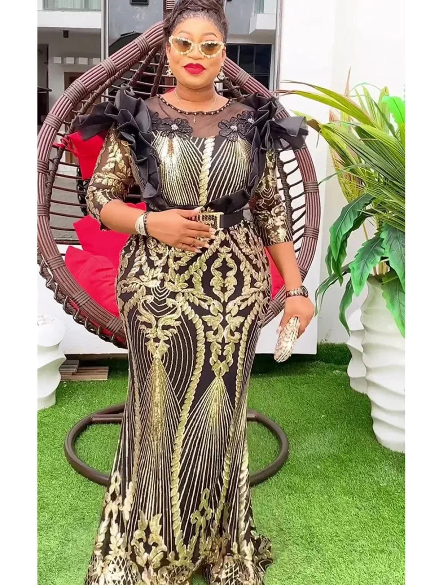 African sequin dashiki Ankara maxi dress for women, featuring vibrant patterns and a fitted bodycon style for party and evening wear.