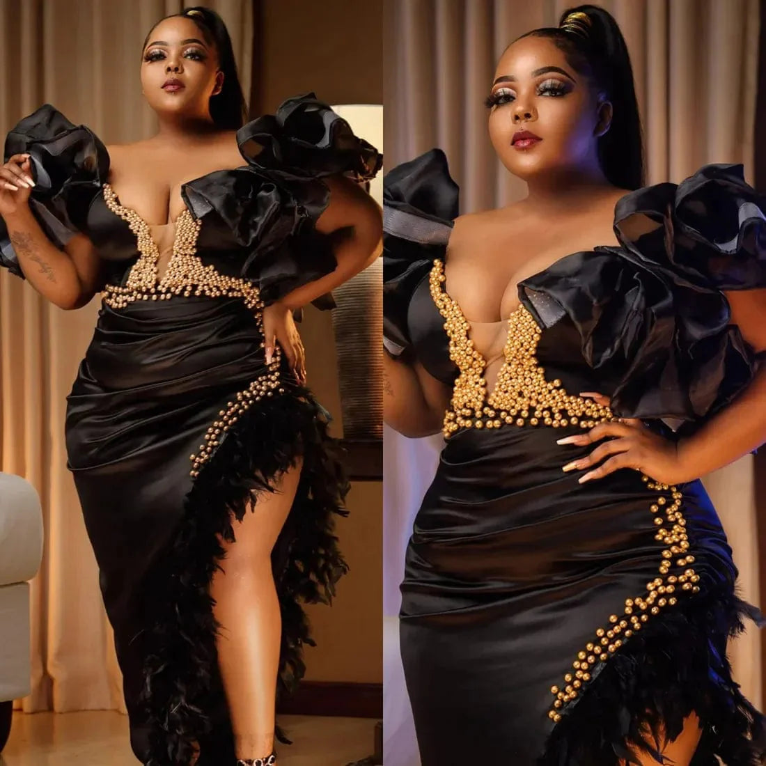 Black V-neck mermaid prom dress with feather and pearl details, designed for plus-size formal events and evening occasions.